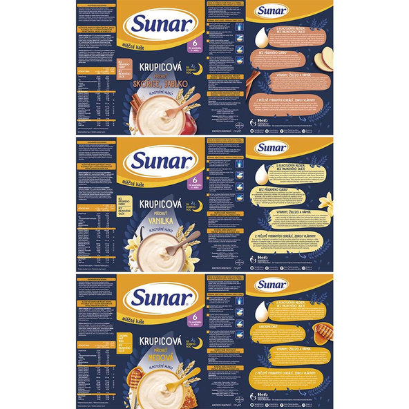 SUNAR Kaša mliečna krupicová na dobrú noc mix príchutí, 6m+, 6x210g
