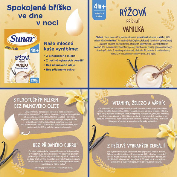 SUNAR Kaša mliečna ryžová mix príchutí, 4m+, 6x210g