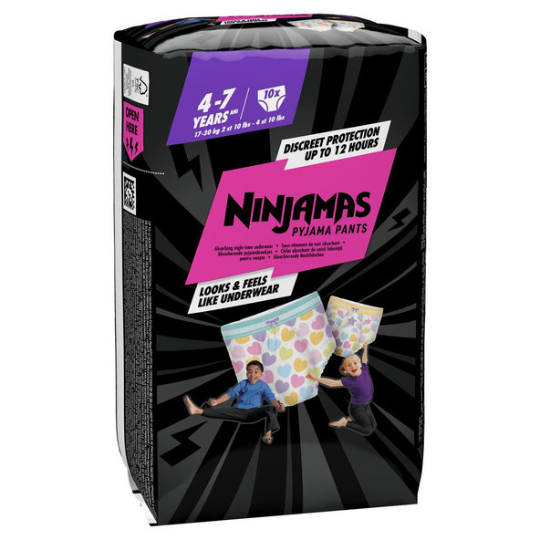 PAMPERS Nohavičky plienkové Ninjamas Pyjama Pants Srdiečka, 10 ks, 7 rokov, 17kg-30kg