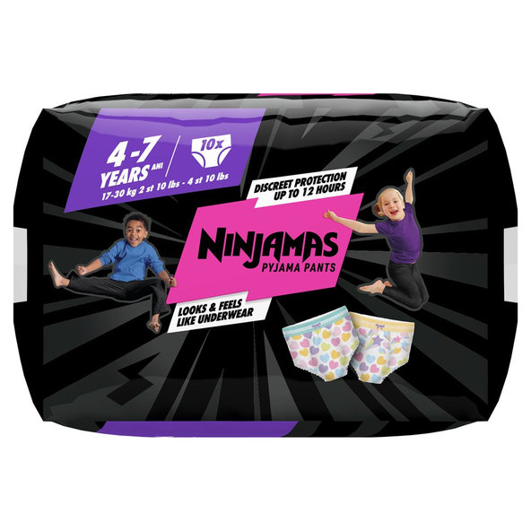 PAMPERS Nohavičky plienkové Ninjamas Pyjama Pants Srdiečka, 10 ks, 7 rokov, 17kg-30kg