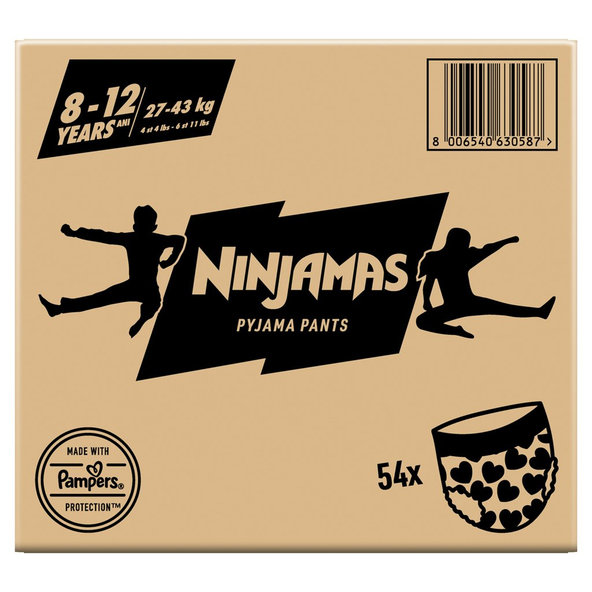 PAMPERS Nohavičky plienkové Ninjamas Pyjama Pants Srdiečka, 54 ks, 8 rokov, 27kg-43kg