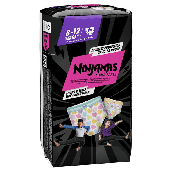 PAMPERS Nohavičky plienkové Ninjamas Pyjama Pants Srdiečka, 9 ks, 8 rokov, 27kg-43kg