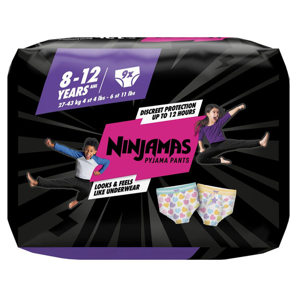 PAMPERS Nohavičky plienkové Ninjamas Pyjama Pants Srdiečka, 9 ks, 8 rokov, 27kg-43kg