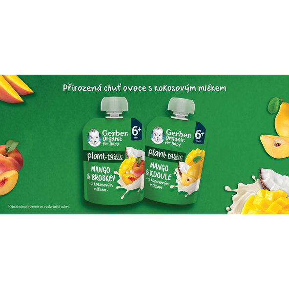 GERBER Kapsička organic ovocná mango a broskyňa s kokosovým mliekom 80 g, 6+