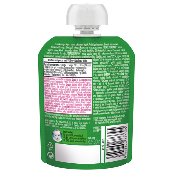 GERBER Kapsička organic ovocná mango a dula s kokosovým mliekom 80 g, 6+