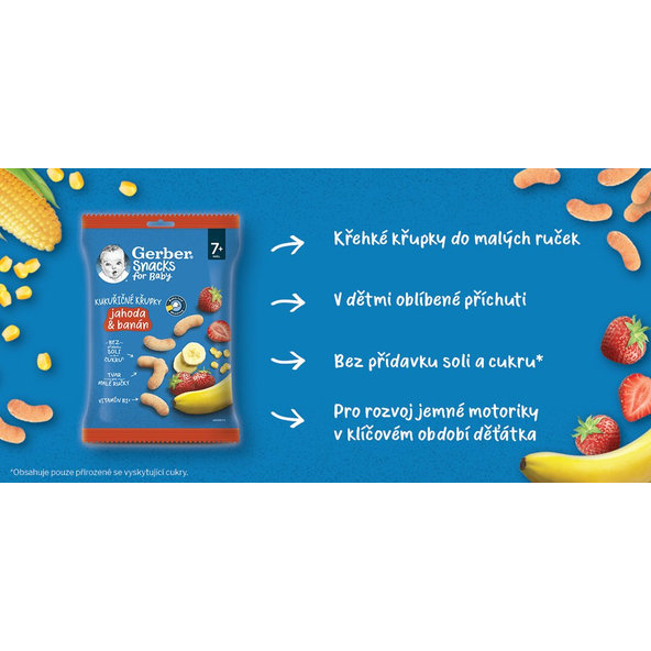 GERBER Snacks kukuričné chrumky jahoda a banán 28 g, 7+