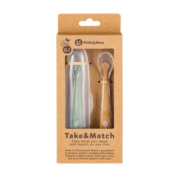PETITE&MARS lyžičky s puzdrom Take&Match Pea Ochre 6m+ 2 ks