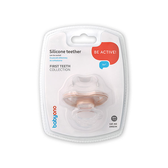 BABYONO Silikónová hryzačka cumlík s krytom béžová 3m+ 1ks
