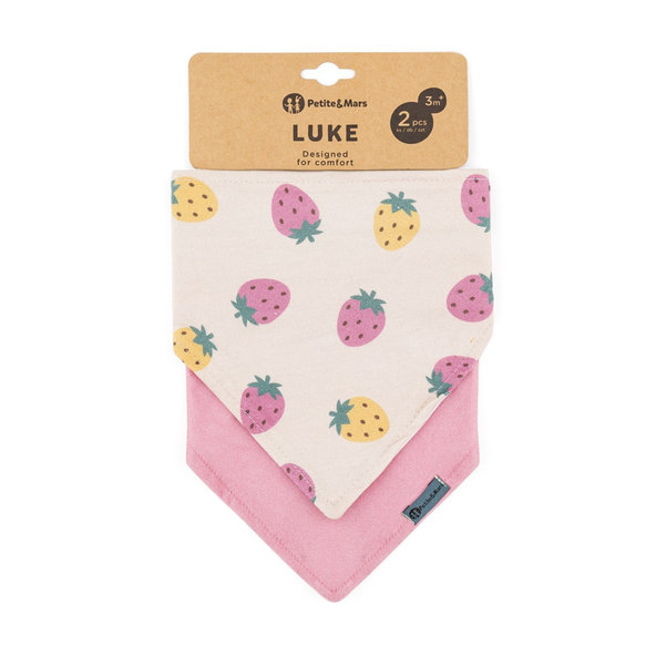 PETITE&MARS Podbradník bandana Luke Beige Strawberies&Dusty Rose 3m+ 2 ks