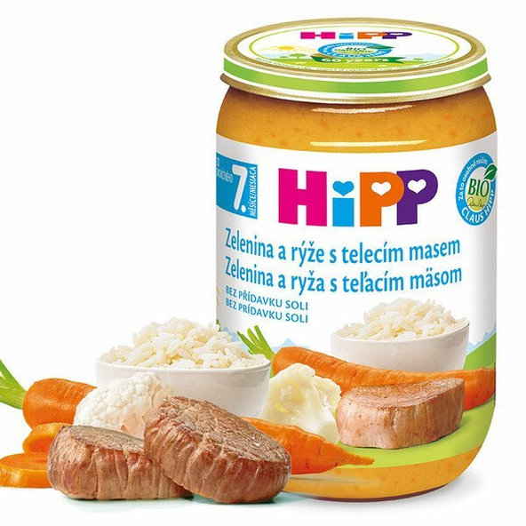 HiPP BIO príkrm zelenina, teľacie mäso a ryža 220g
