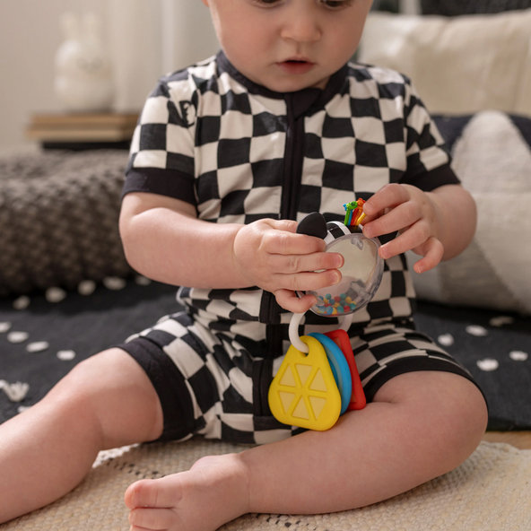 BABY EINSTEIN Hryzačka s hrkálkou zebra Zen™ Shake-a-Shape bez BPA 0m+