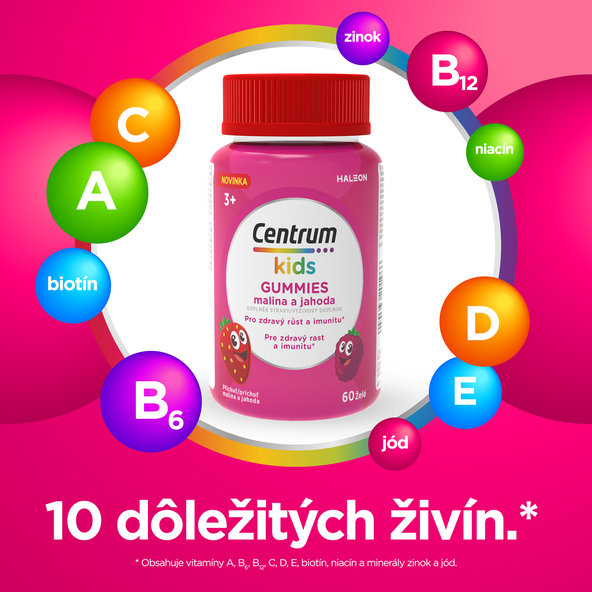 Centrum Kids GUMMIES malina a jahoda vitamíny a minerály 60 želé