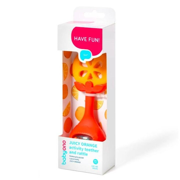 BABYONO Hryzačka edukačná s hrkálkou - pomaranč