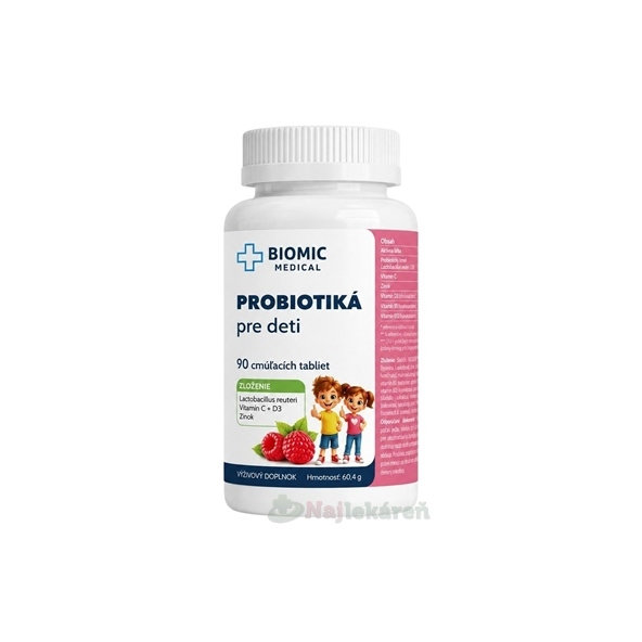 BIOMIC Probiotiká pre deti malina 90 cmúľacích tabliet