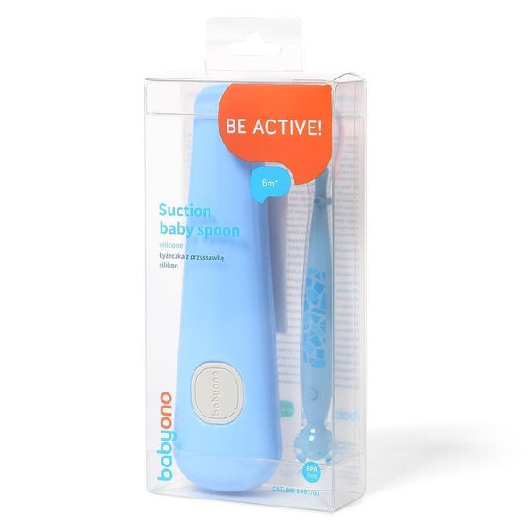 BABYONO Lyžička silikónová s obalom 6 m+ modrá