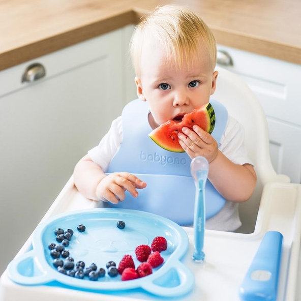 BABYONO Lyžička silikónová s obalom 6 m+ modrá