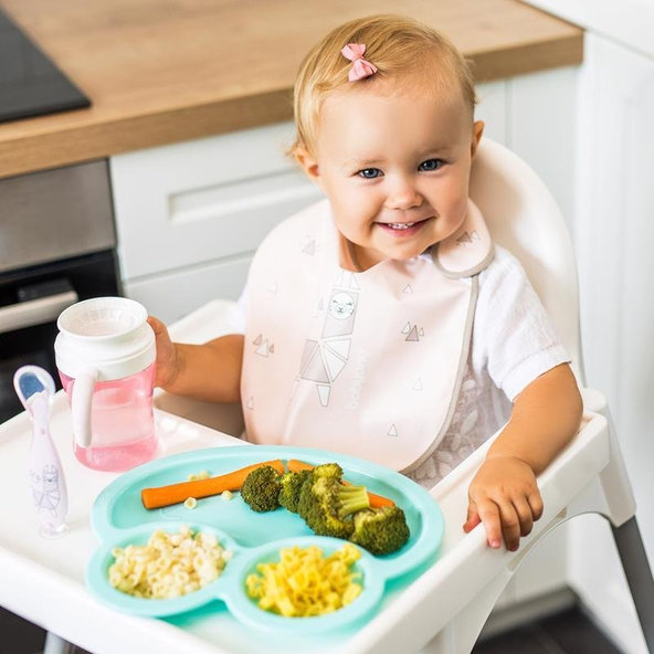 BABYONO Lyžička silikónová s obalom 6 m+ ružová