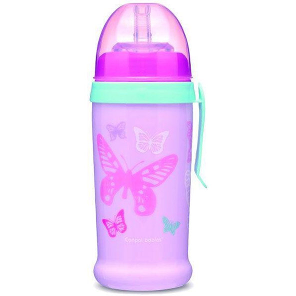 CANPOL BABIES Fľaša športová s netečúcou slamkou motýlik 300ml 12m+ ružová