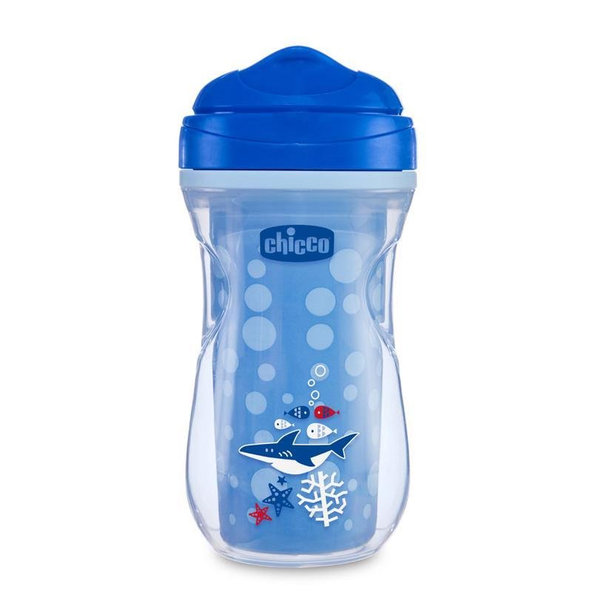 CHICCO Hrnček Active termo s tvrdým náustkom 200 ml, modrý, žralok 14m+