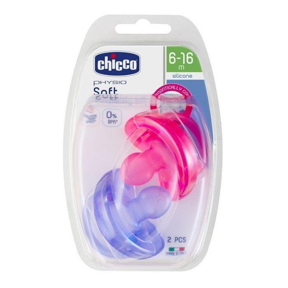 CHICCO Cumlík celosilikónový Physio Soft dievča 2 ks, 6-16m