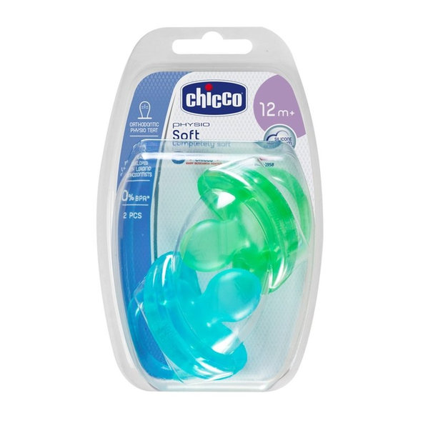 CHICCO Cumlík celosilikónový Physio Soft chlapec 2 ks, 16-36m