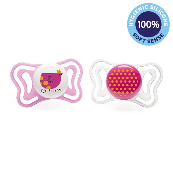CHICCO Cumlík Physio Light silikónový dievča - vtáčik/bodky 2 ks, 16-36 m+