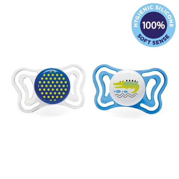 CHICCO Cumlík Physio Light silikónový chlapec - bodky/krokodíl 2 ks, 16-36 m+