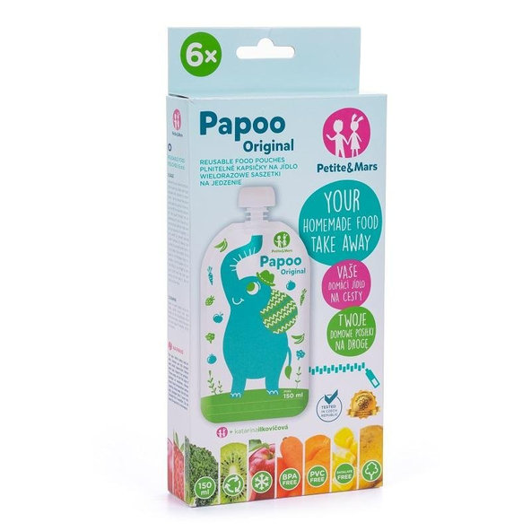 PETITE&MARS Kapsička na jedlo Papoo Original Elephant 6ks