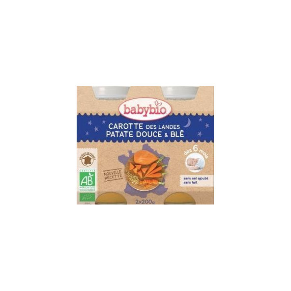 2x BABYBIO Večerné menu mrkva so sladkými zemiakmi a pšenicou (200 g)