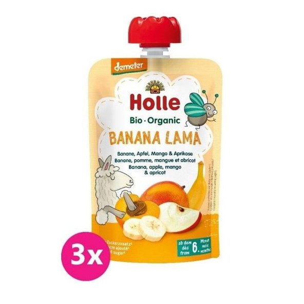 3x HOLLE Banana Lama Bio ovocné pyré banán, jablko, mango, marhuľa, 100 g (6 m+)