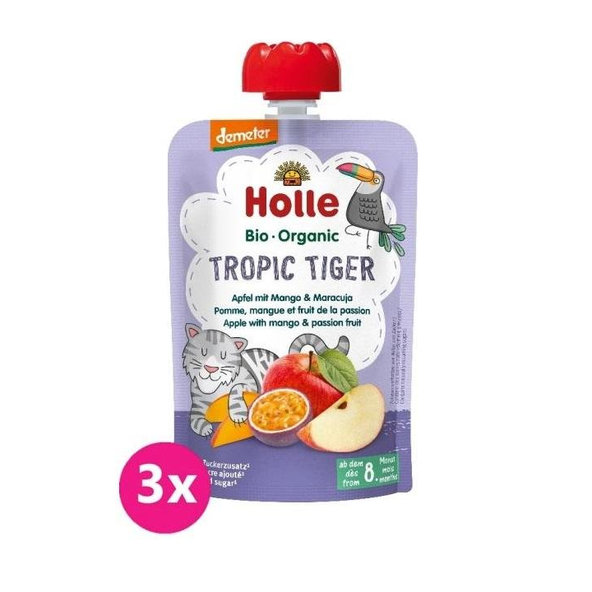 3x HOLLE Tropic Tiger Bio ovocné pyré jablko, mango a maracuja, 100 g (8 m+)