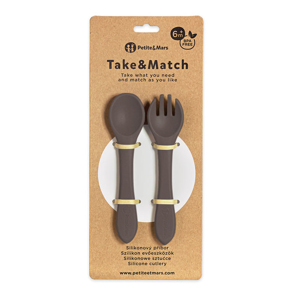 PETITE&MARS Príbor silikónový Take&Match Bitter Cocoa 6m+