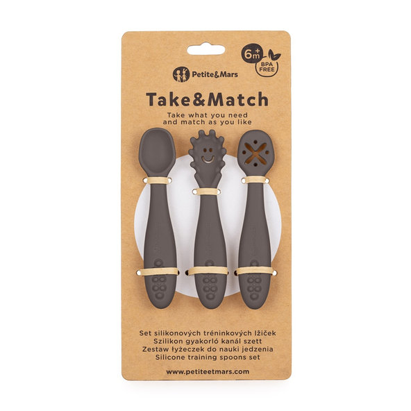 PETITE&MARS Tréningové lyžičky Take&Match Bitter Cocoa 6m+ 3ks
