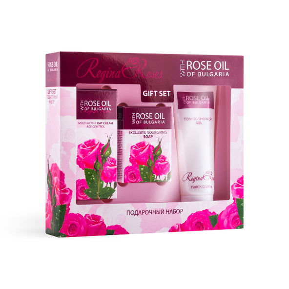 Darčekový set s ružovým olejom pre ženy - denný krém, mydlo a sprchový gél Biofresh