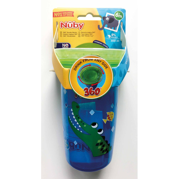 NUBY Hrnček netečúci 360° 300 ml, 6 m+ modrá / oranžová