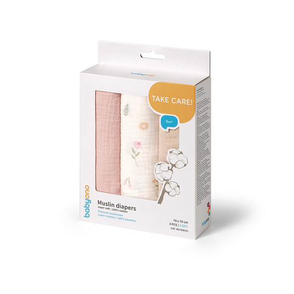 BABYONO Plienky mušelínové Super Soft 3 ks 70 x 70 cm pink