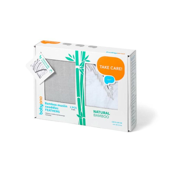 BABYONO Plienky mušelínové zavinovacie Bamboo 120 x 120 cm 2 ks Feathers