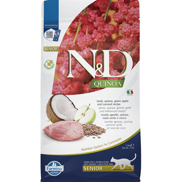 Farmina N&D cat QUINOA (GF) senior, lamb, green apple & coconut granule pre mačky 1,5 kg