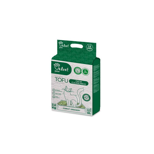 Velvet Paw Tofu podstielka pre mačky, upokojujúca čistota s esenciou lesnej zelene 6 L