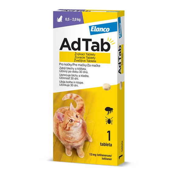 AdTab 12 mg žuvacie tablety proti blchám a kliešťom pre mačky (0,5–2,0 kg) 1 tableta