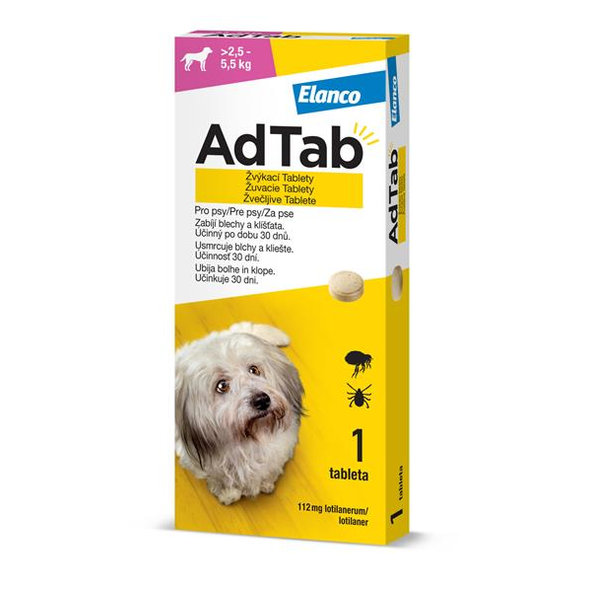 AdTab 112 mg žuvacie tablety proti blchám a kliešťom pre psy (> 2,5–5,5 kg) 1 tableta