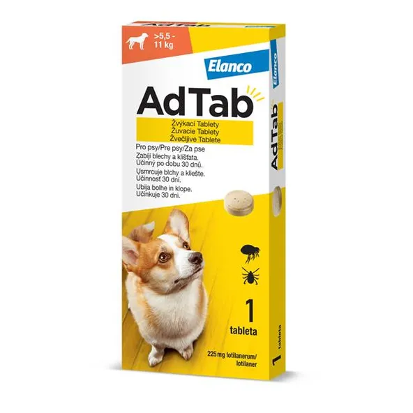AdTab 225 mg žuvacie tablety proti blchám a kliešťom pre psy (> 5,5–11 kg) 1 tableta