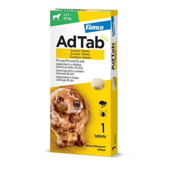 AdTab 450 mg žuvacie tablety proti blchám a kliešťom pre psy (> 11–22 kg) 1 tableta