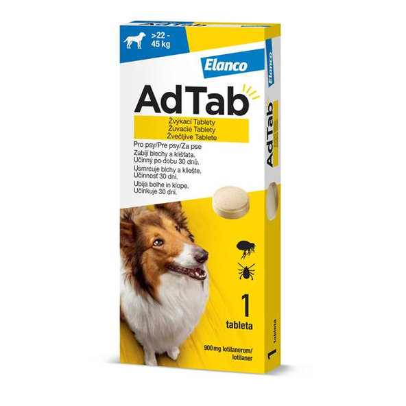 AdTab 900 mg žuvacie tablety proti blchám a kliešťom pre psy (> 22–45 kg) 1 tableta