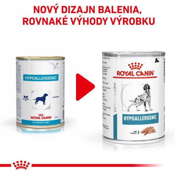 ROYAL CANIN DOG HYPOALLERGENIC CAN paštéta v konzerve pre psov trpiacich potravinovými alergiami 400 g
