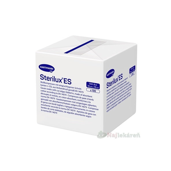 STERILUX ES kompres nesterilný so založenými okrajmi 13 vlákien 8 vrstiev (10cmx10cm) 100 ks