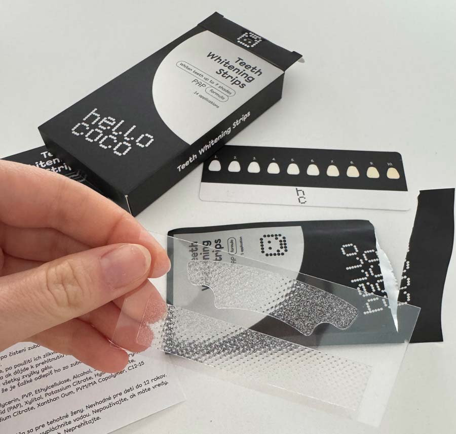  Bieliace pásiky Hello coco na domáce bielenie zubov s PRP formulou, účinné odstránenie povrchových škvŕn od kávy, čaju a fajčenia pre belší úsmev bez návštevy zubára.