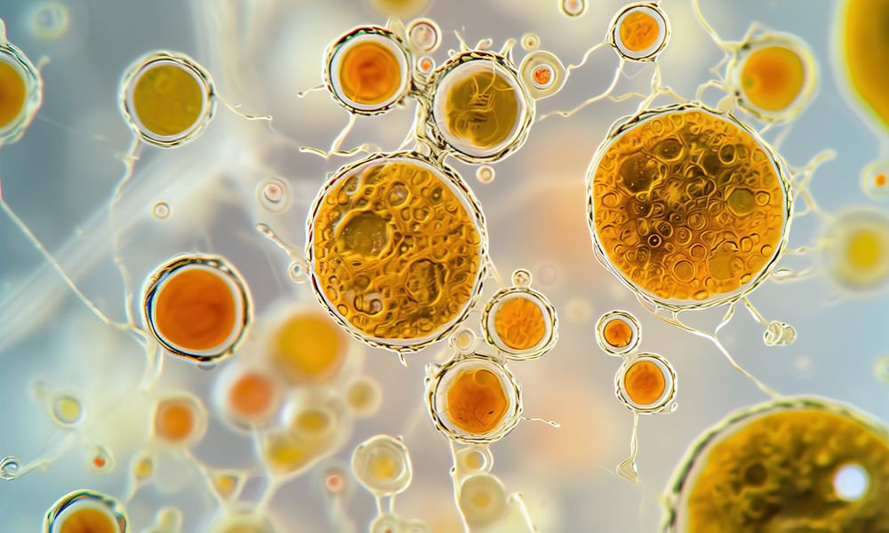  Mikroskopický pohľad na kvasinkové bunky Candida albicans, ktoré sú najčastejším pôvodcom kvasinkovej infekcie v pošve. Tento detailný biologický záber zobrazuje štruktúru patogénov