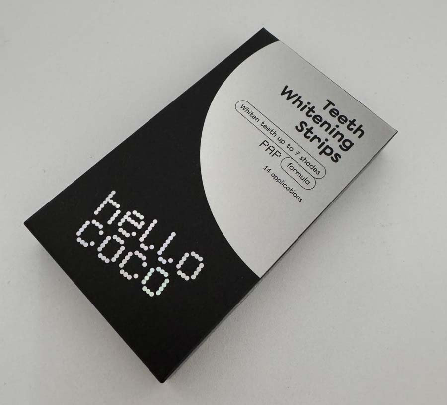  Krabička bieliacich pásikov Hello coco na domáce bielenie zubov, PRP formula na šetrné zosvetlenie zubnej skloviny bez podráždenia a zvýšenej citlivosti.