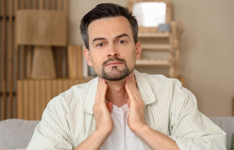 Muž si prehmatáva oblasť krku a štítnej žľazy pri domácej kontrole zdravotného stavu, čo poukazuje na prevenciu ochorení, samovyšetrenie a sledovanie varovných príznakov.